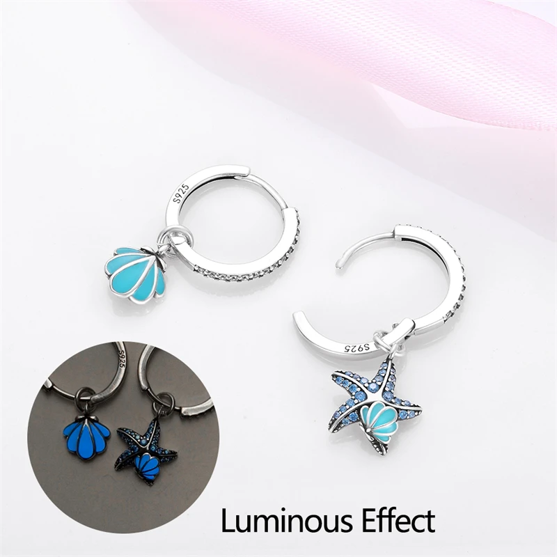 Luminous Shell Women Earrings Original 925 Sterling Silver Pave CZ Star Moon Hoop Earrings Engagement Wedding Jewelry