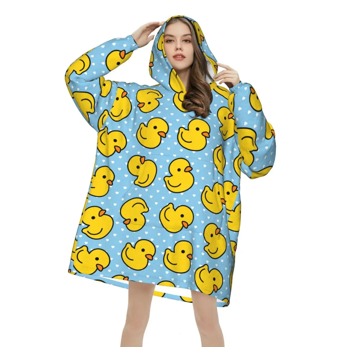 Cartoon Cute Duck Oversized Blanket Hoodie Women Men Wearable Fleece Pullover Soft Warm Cozy 2