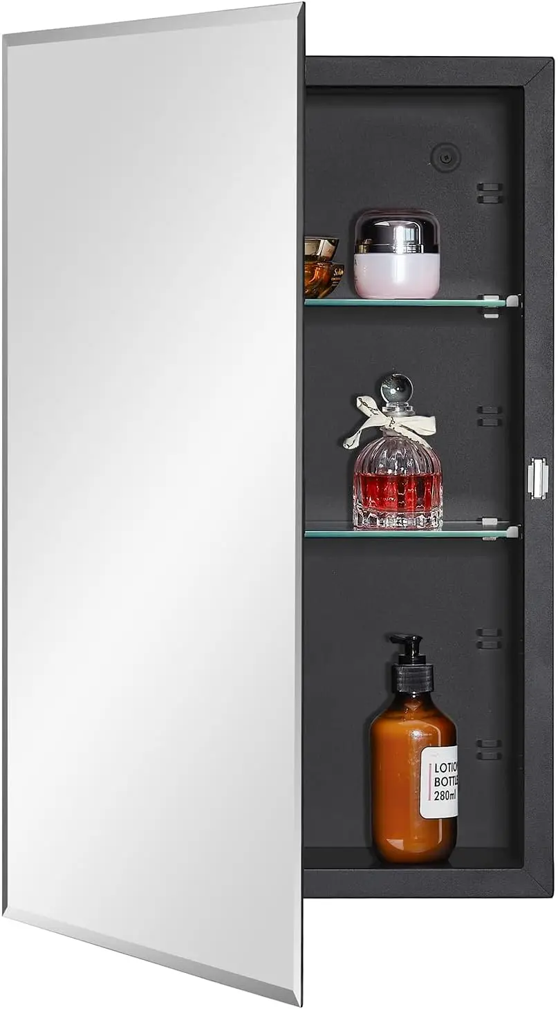 

Black Bathroom Medicine Cabinet with Beveled Edge Mirrored Door, 15x24 Inch, Recessed or Surface Mount, Adjustable Glass Shelves