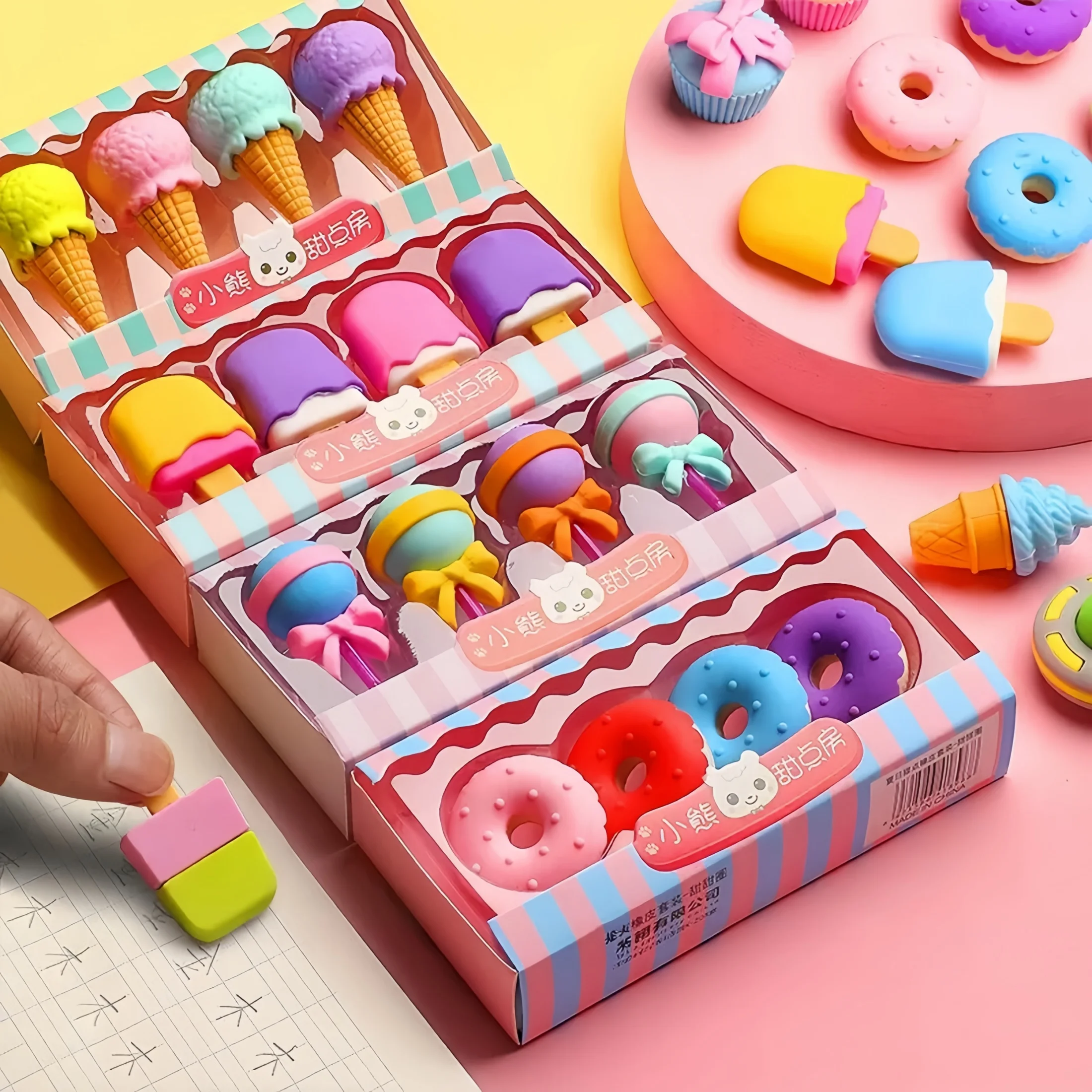 4 Pieces/Box Candy-Colored Ice Cream Erasers Gift Box, Dessert Lollipop Eraser Set, Gift Stationery Erasers