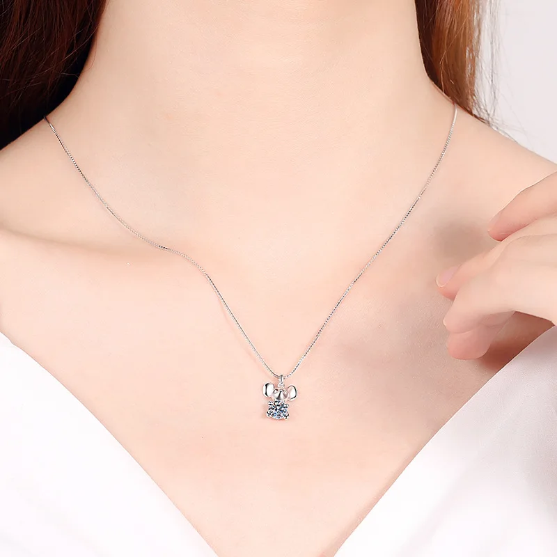 S925 Pure Silver Plated Pt950 Gold Pendant Cute Mouse Zodiac Moissanite Necklace Collarbone Chain