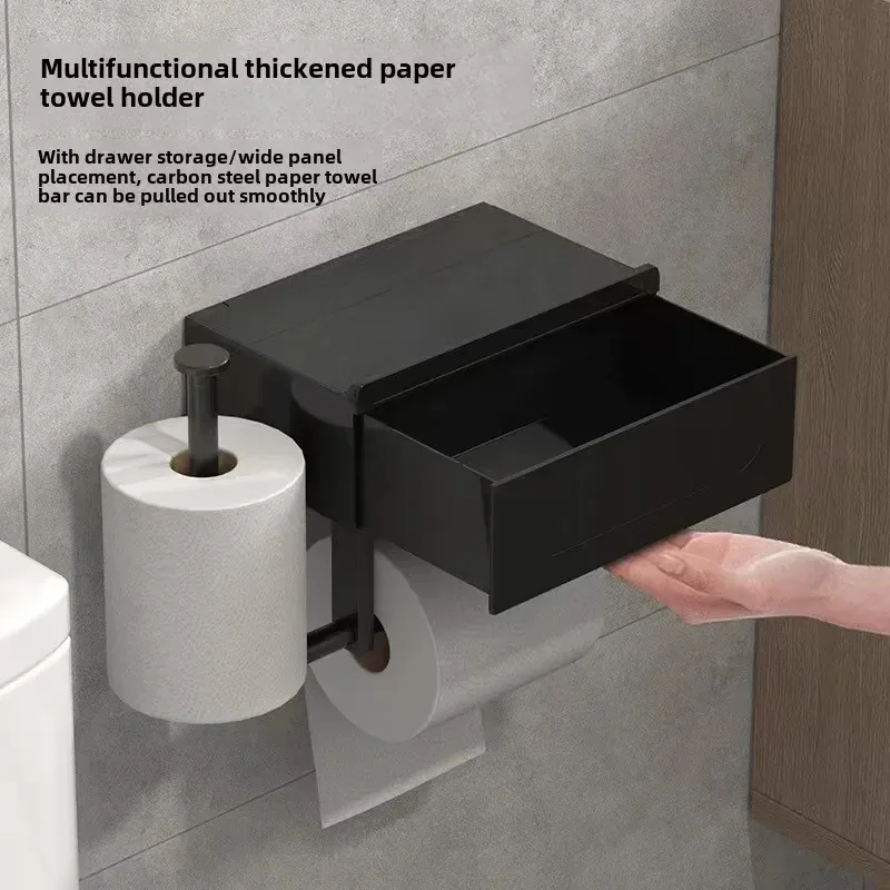 1 Stück schwarzer, bohrfreier, wandmontierter Toilettenpapierhalter mit Ablage, langlebiger, eleganter Badezimmer-Organizer für wichtige Utensilien