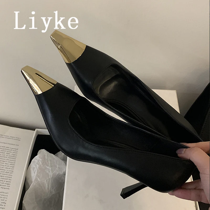 Liyke ฤดูใบไม้ผลิฤดูร้อนรองเท้าส้นสูงสีดําปั๊ม Street เซ็กซี่โลหะ Pointed Toe Slingback รองเท้าผู้หญิงชุด Stiletto Mules Femme