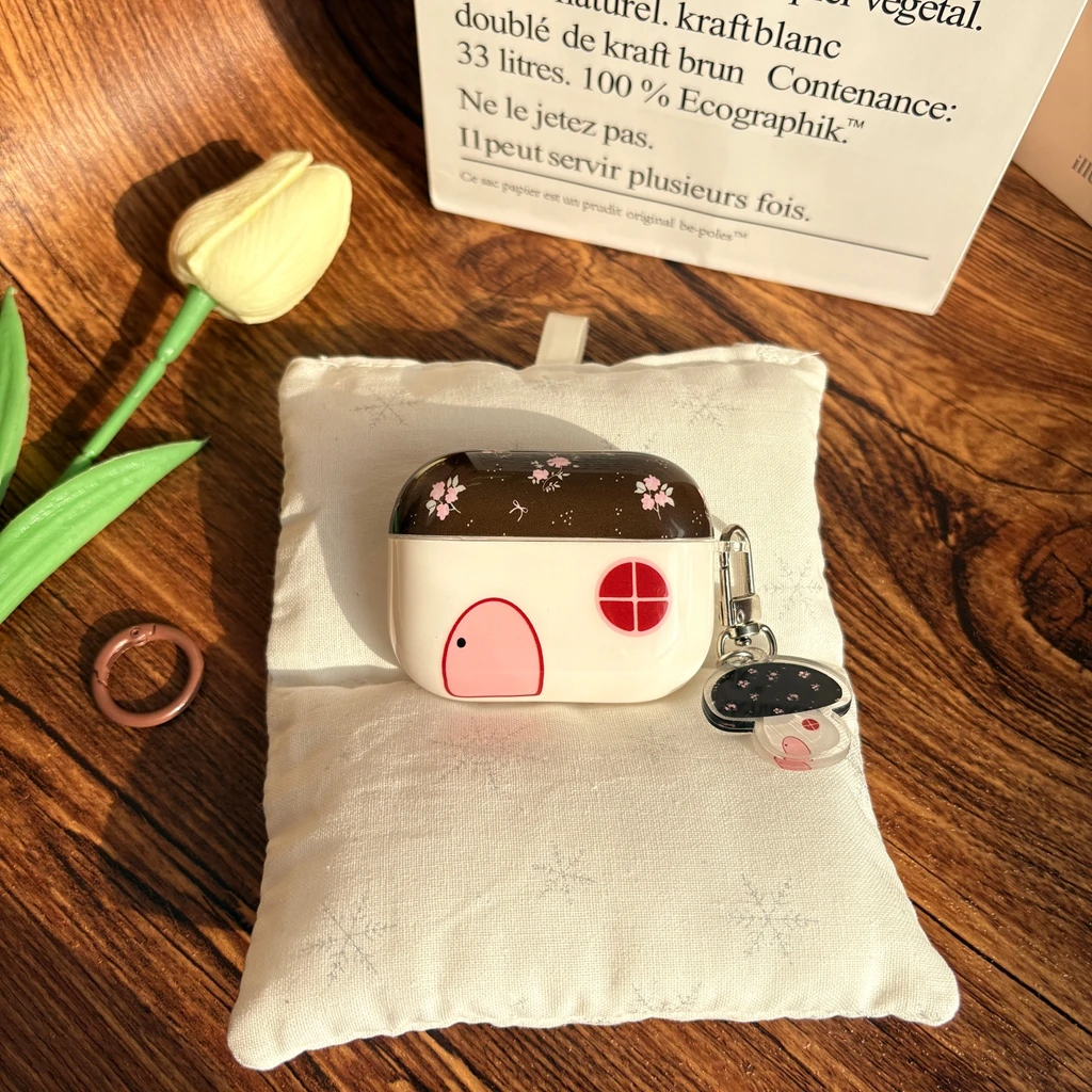 Einfaches, süßes, braunes, florales Muster mit kleinen Häuschen, schützendes Kopfhörer-Etui, passend für AirPods 1 2 3 4 5 Pro 2 Pro 3