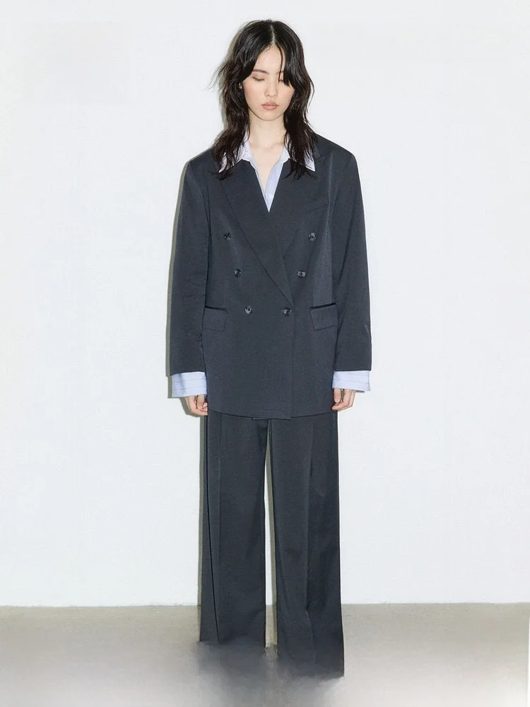 H&M Women's Suit Casual Style V-Neck Double-Breasted Oversized Checkered Fabric Coat for Commuting And Daily Wear