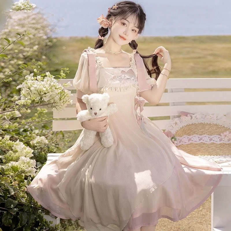 New Improved Han Elemental Hanfu Classic Doll Lolita Short Sleeve Dress Gothic Lolita Accessories Peach Pink Lolita