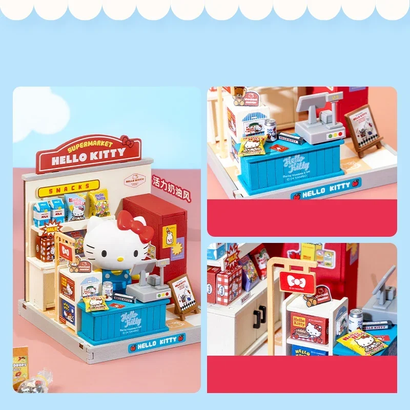 Nueva familia Sanrio Kitty Melody Pochacco Mengqu tienda gerente serie DIY cabina Mini modelo niños bloques de construcción regalo