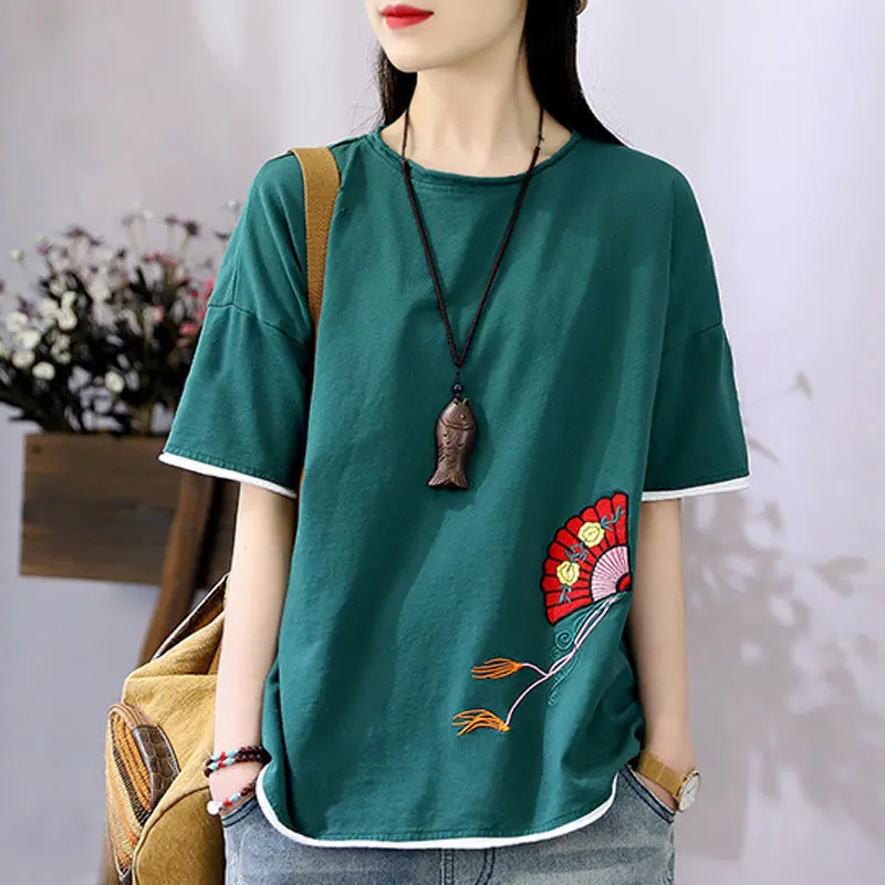 

Hot Pure Cotton Embroidered Short-sleeved T-shirt Women Summer New Retro Loose T-shirt Glitter Top