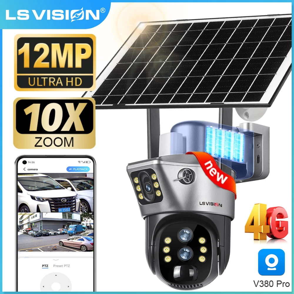 LS VISION 12MP 10X Zoom 4G SIM Solar Camera 6K Three Lens Outdoor Solar IP Security Camara PIR Human Detection CCTV PTZ Cam V380