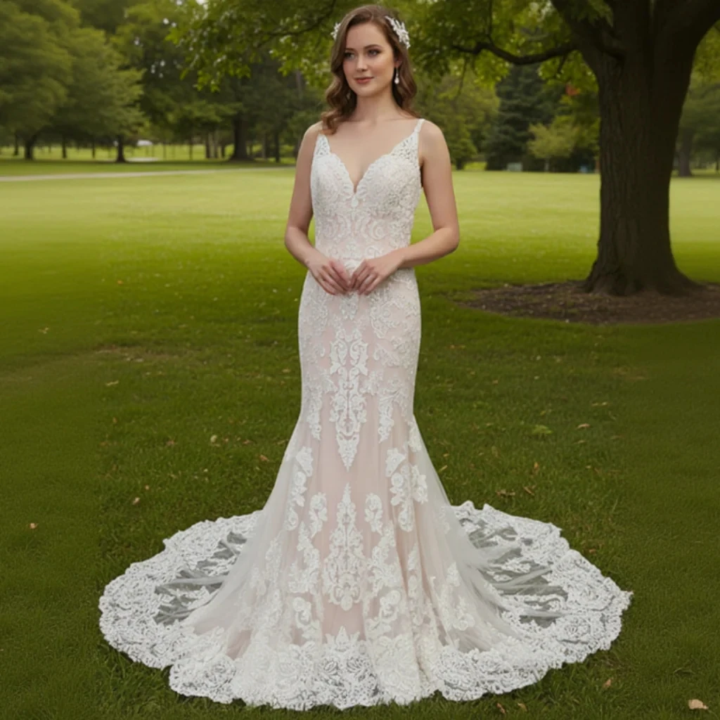 

Rosymae Elegant Trumpet-Style Wedding Dress Deep V-Neck Lace Overlay Elegant Bridal Gown