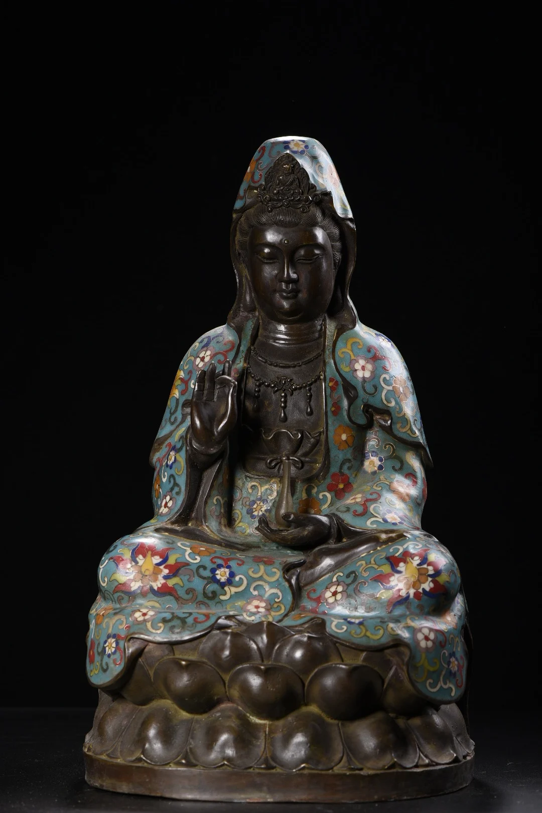 

16"Tibetan Temple Collection Old Bronze Cloisonne Floral Texture Guanyin Bodhisattva Avalokitesvara Sitting Buddha Worship Hall