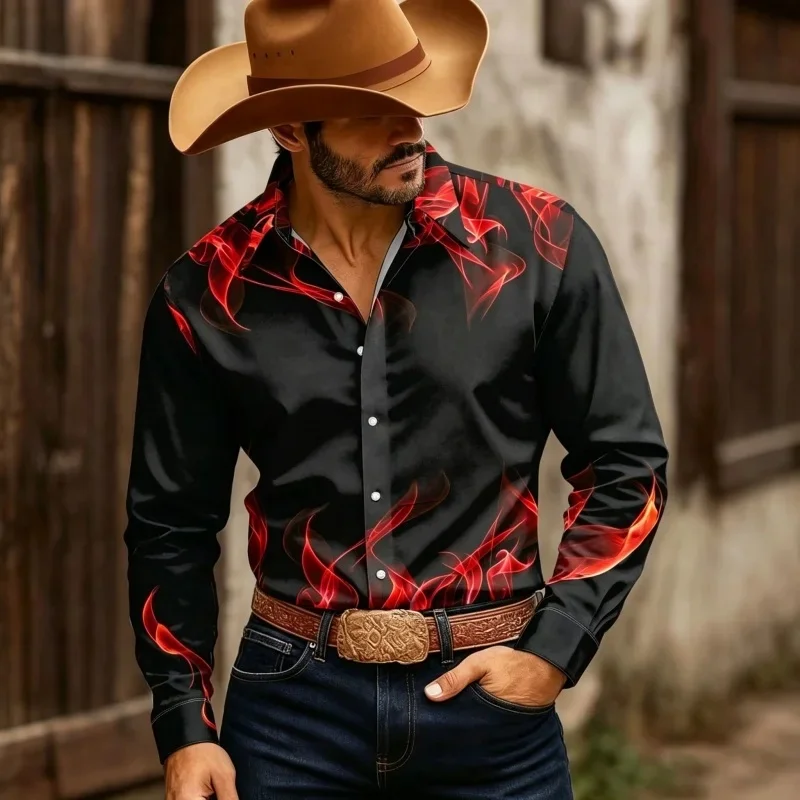 Retro men's shirt, Western style men's printed shirt, long-sleeved lapel casual top, trendy and personalized men's clothing