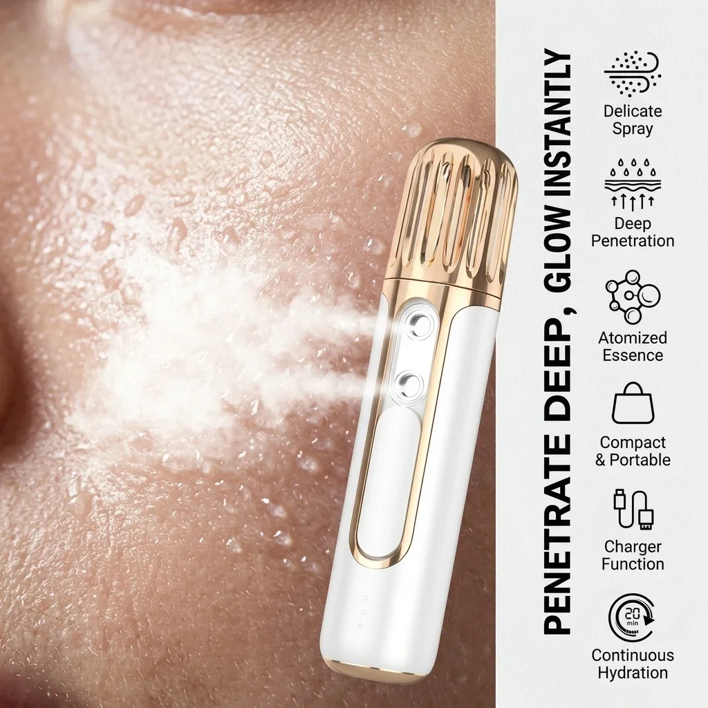 Facial Steamer Portable Dual Jet Nano Face Mister, Professional Cold Mist Sprayer for Deep Hydration, Precision Dual Nozzle Moisturizing Beauty Instrument for Office and Travel, White and Gold