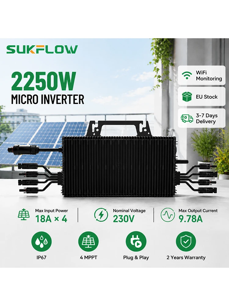 2250W Mikro-Wechselrichter 4 MPPT 18A×4 Eingang 230V AC WiFi-Überwachung IP67 Solar-Wechselrichter für EU-PV-Systeme