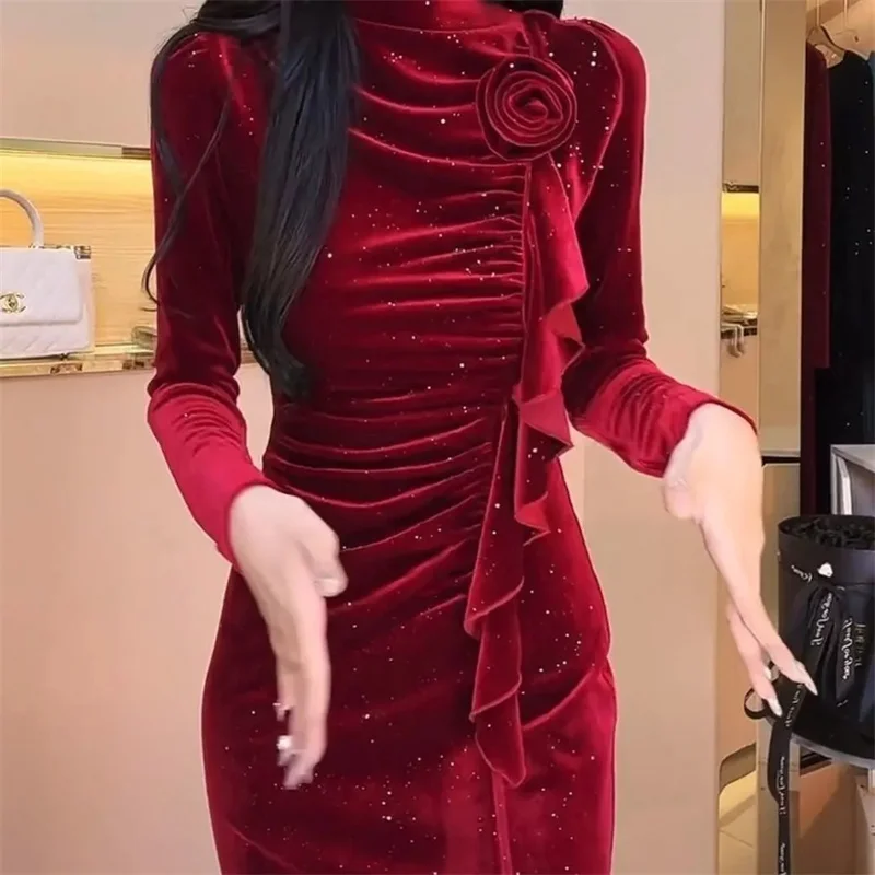 Advanced Ladies Long Sleeves Vestidos French Female Light Luxury Velvet  Long Dresses Spring Autumn Women Solid Color Maxi Dress