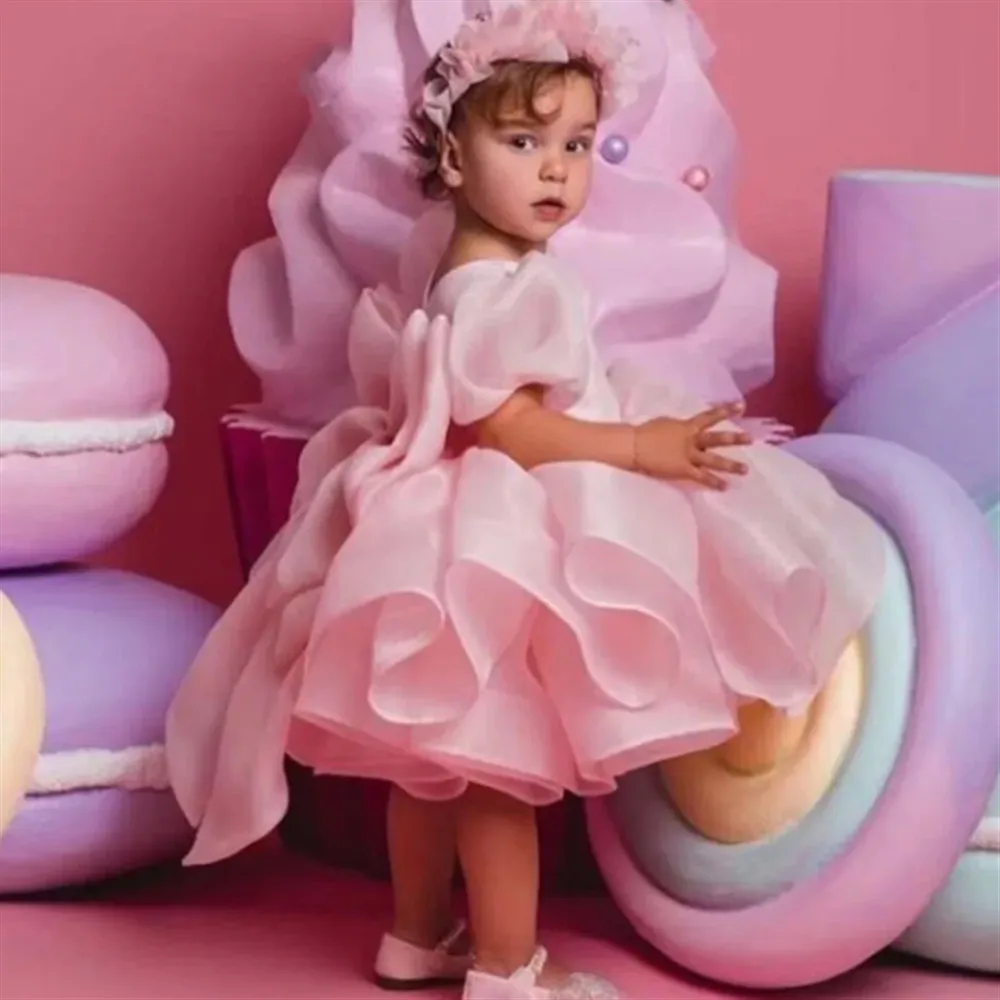 

Flower Girl Dress For Wedding Light Pink Short Sleeves With Bow Puffy Princess Birthday Party First Communion Ball Gown