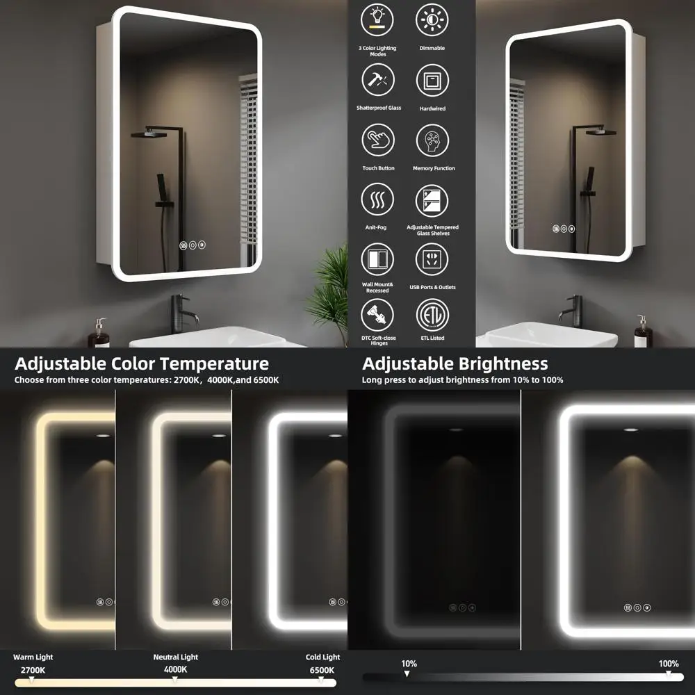 

LED Illuminated Mirror Medicine Cabinet, 24x30 Inch, Surface or Recessed Mount, Defogger, Memory Function Bathroom Storage