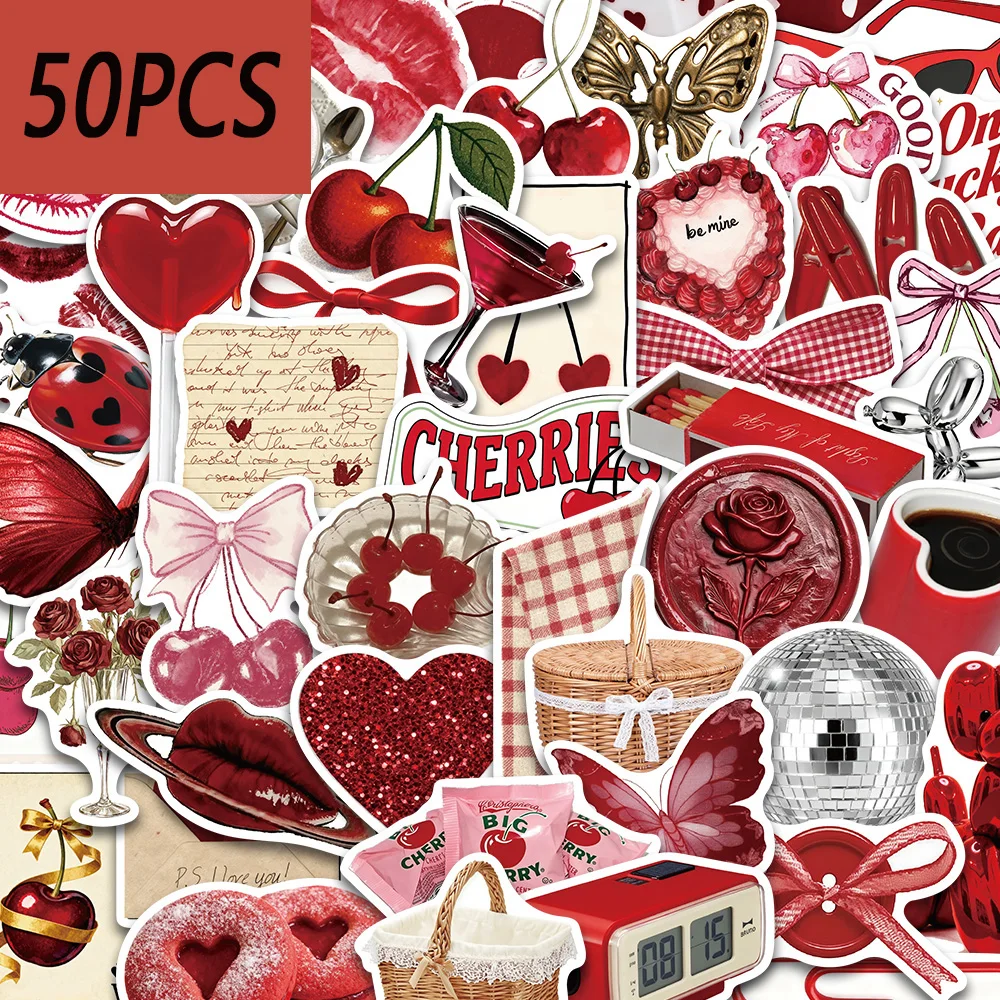 50pcs y2k style cherry colored stickers, suitable for decorating tablets, luggage, storage boxes, waterproof stickers