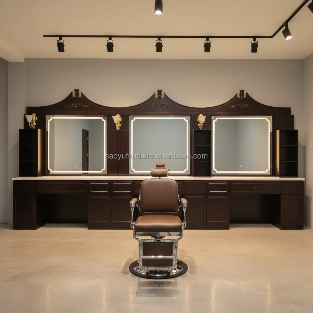 Vintage Style Wood Barber Station Triple Seats Led Mirror Stations With Light For Barbershop Hair Studio