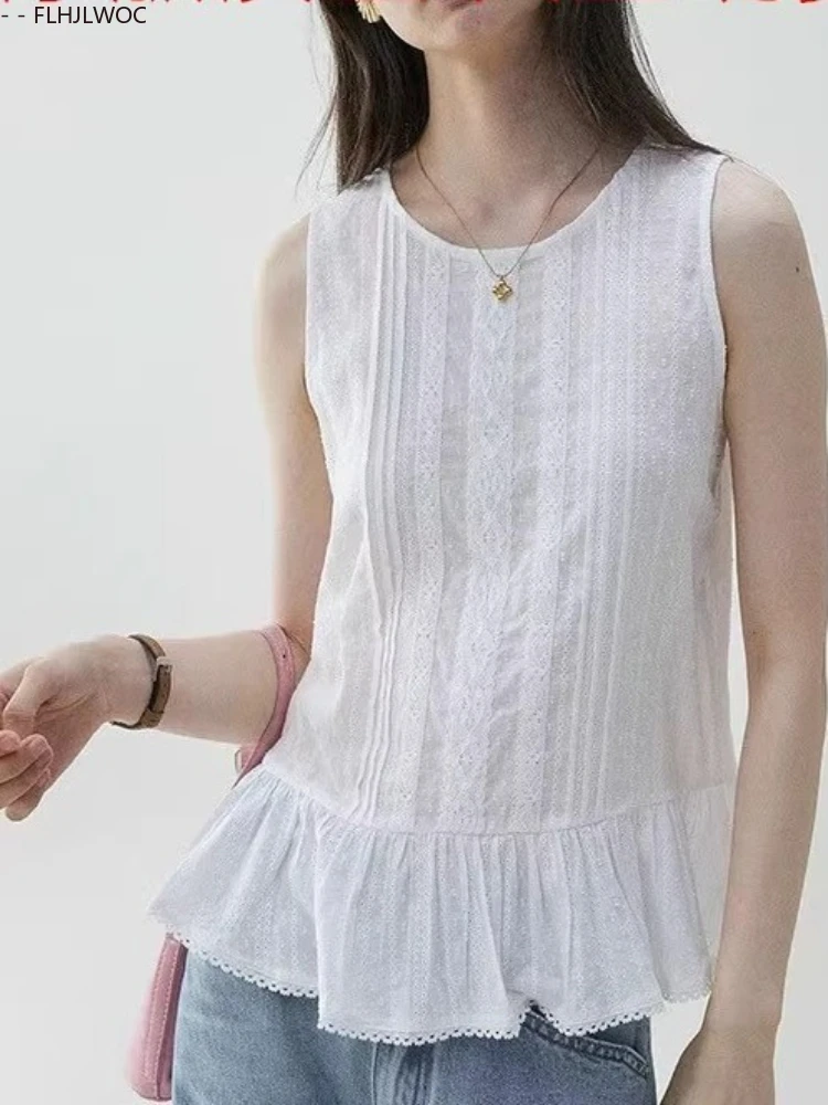 면 혼방 탑 블라우스 귀엽고 달콤한 여성용 2025 여름 민소매 셔츠 화이트 레이스 러플 페플럼 탱크탑