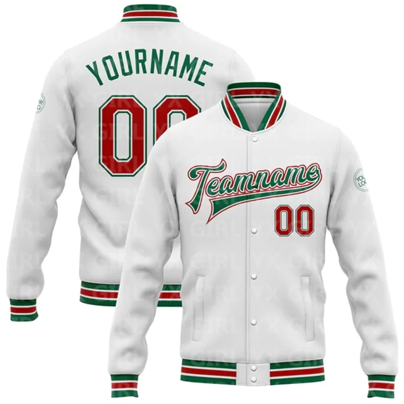 

Custom White Red-Kelly Green Bomber Full-Snap Varsity Letterman Jacket 3D Printed Baseball Button Jacket