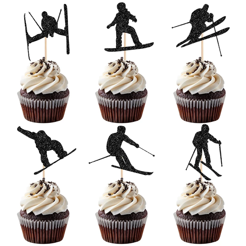 YOMDID 24 Stück Cupcake-Topper mit Ski-Thema, Silhouette, Skifahrer, Snowboarden, Cupcake-Topper, Picks für Winter-Kuchen-Dekorationen, Zubehör – Detail 6