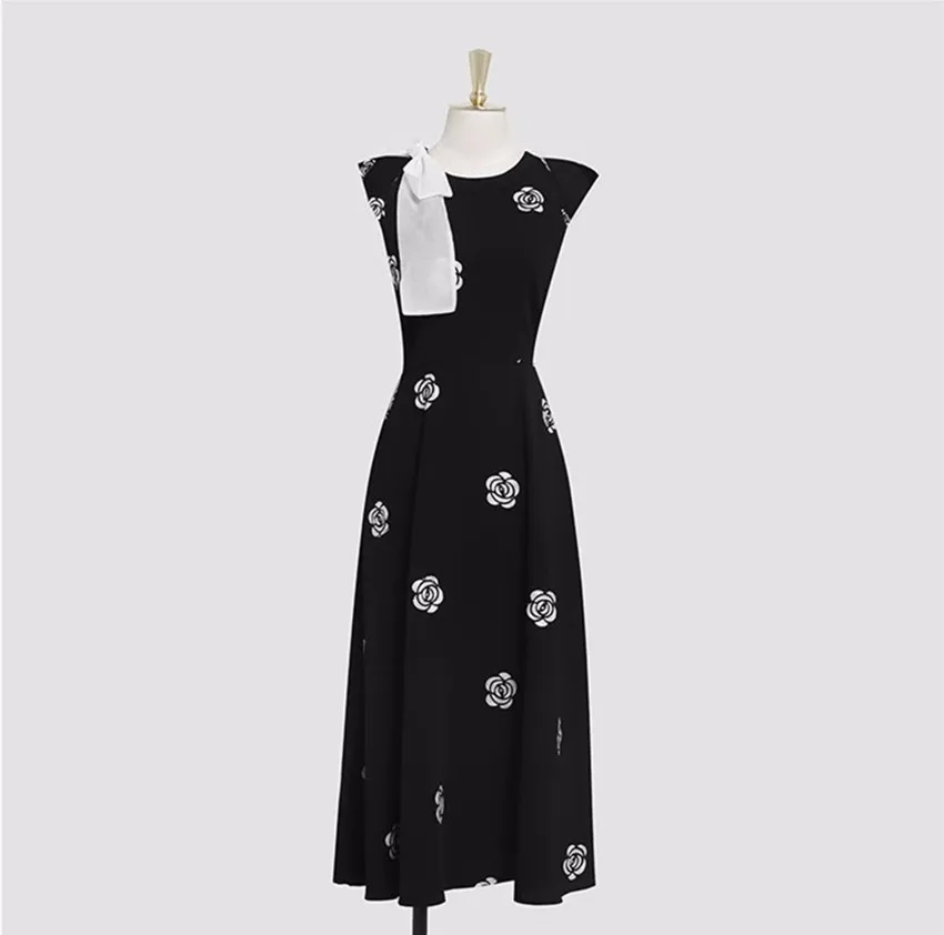 Designer Fashion New Summer Rose Flower Embroidery Office Dress Elegant Women O Neck Hit Color Bowknot Black Floral Midi Dresses