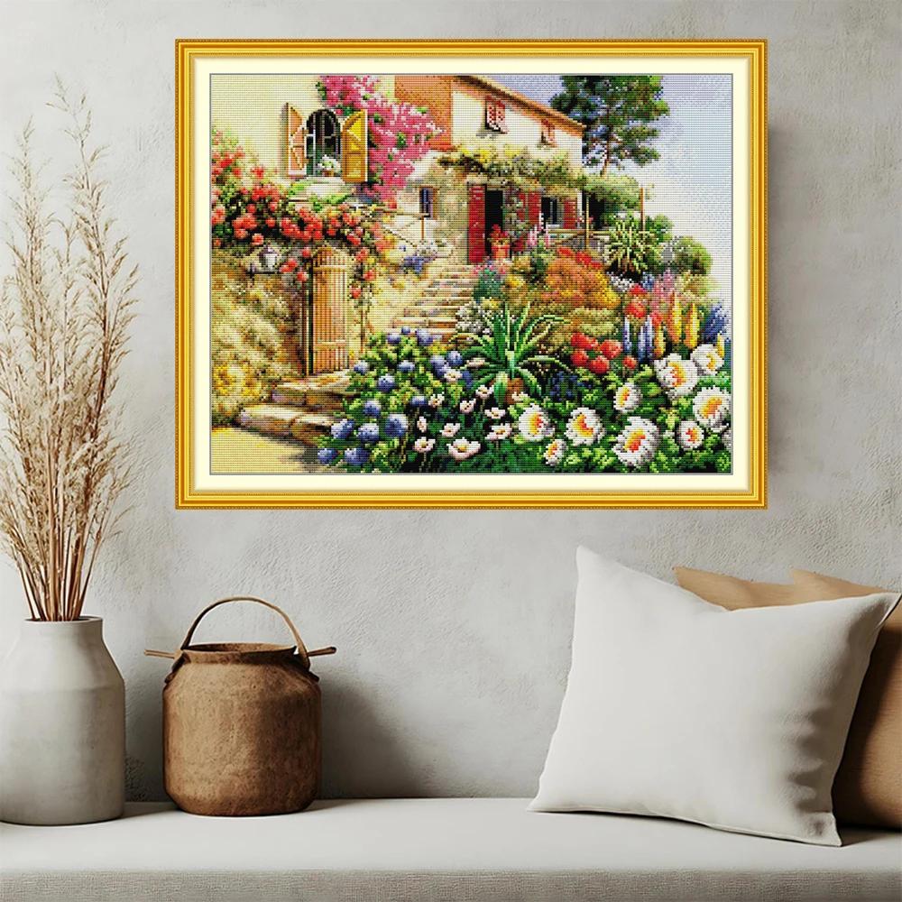 

Набор для вышивки крестом Joy Sunday с предварительной печатью, легкий узор, набор для вышивки из штампованной ткани Аиды, цветочная вилла