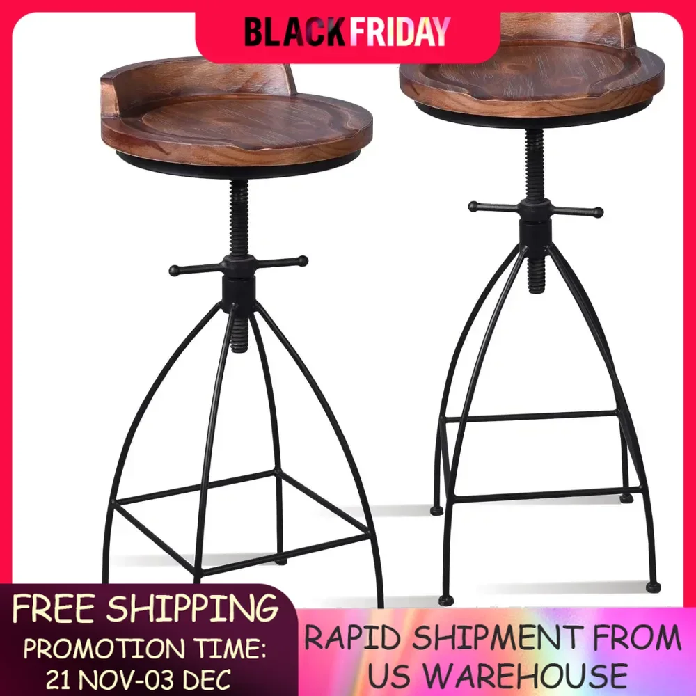 Bar Stool,Wooden Top Stool Kitchen Counter Height Adjustable,Iron Stoo,Swivel Stool,24 Inch,Low Backrest,Hump Surface, Set of 2