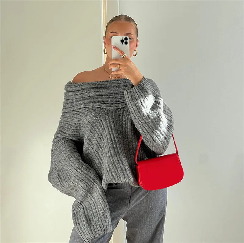 Solid Color Strapless Knit Sweater Long Sleeve Loose Thickened Knit Sweater Pullover Street Style Sweater