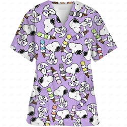 Ropa quirúrgica de trabajo para mujer, estampado de Snoopy de dibujos animados, uniforme de enfermera para lavar las manos, camiseta de manga corta con cuello en V, Tops