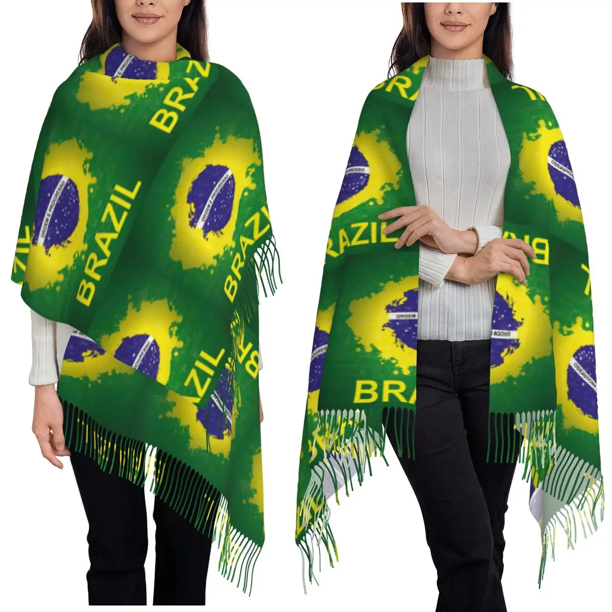 Brazil Flag Scarf Tassel Scarves for Women Soft Warm Shawls and Wraps Large Fall Winter Shawl Wrap