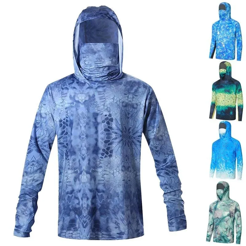 Men Hooded Fishing Shirt With Face Cover Ocean Scale Camo Print UPF50+ Sun Protection QuickDry Multi‑Pattern Outdoor Sports TopS