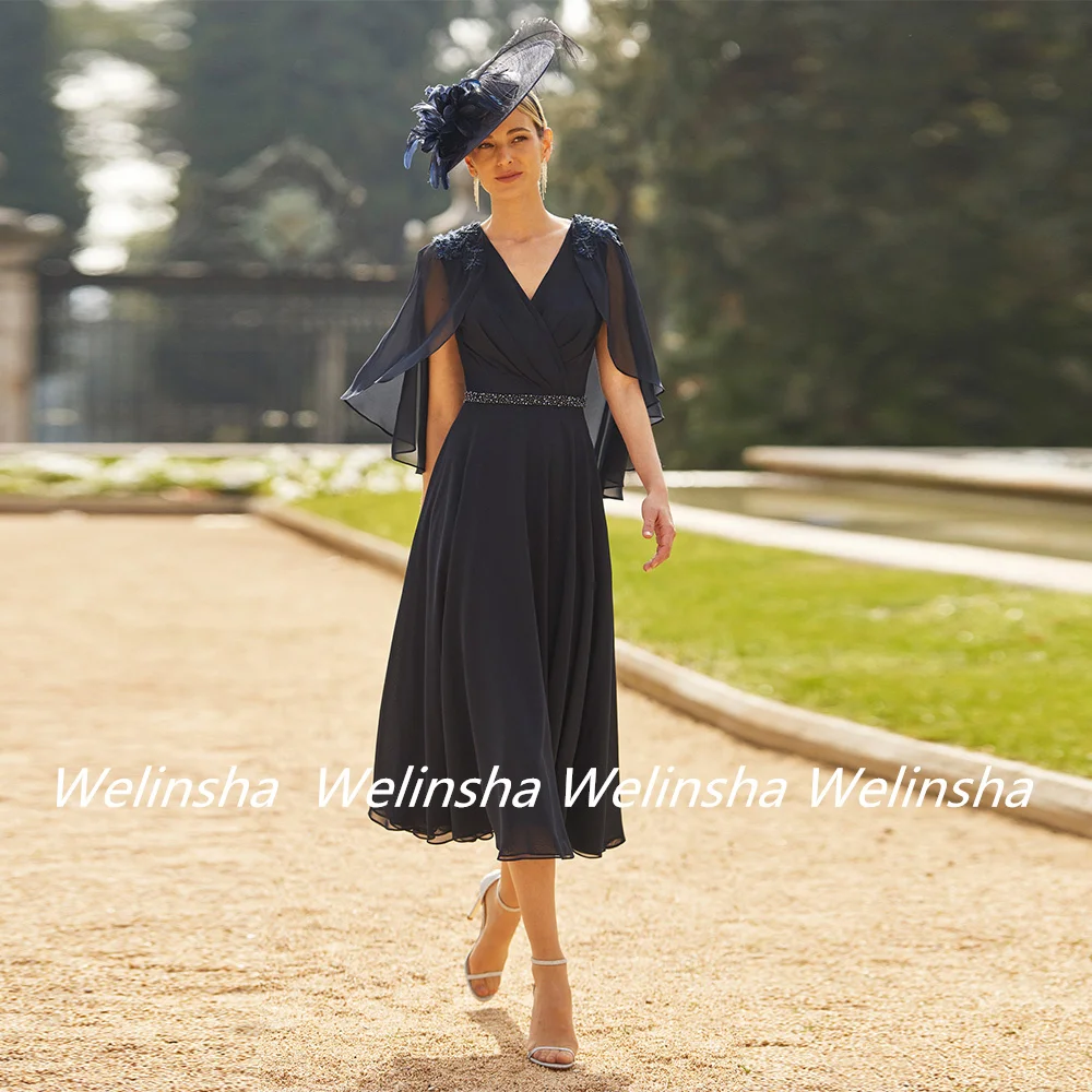 

New Arrival Navy Mother of The Bride Dress with Chiffon Cape V Neck Beading Belt Pleat A Line Tea Length Wedding Guest Gown