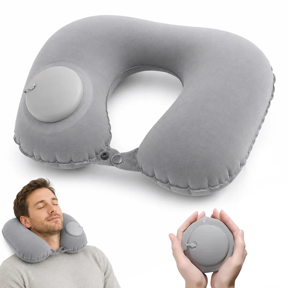 Press Type Inflatable U Shaped Travel Pillow Flocked Portable Foldable Neck Support Cushion for Airplane Flight Car Office