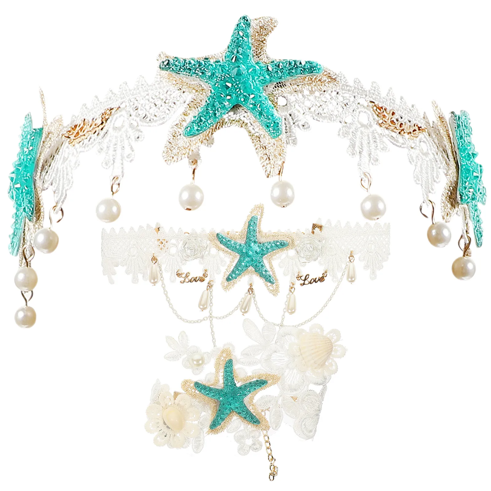 

1Set Hairband Set Elegant Style Wedding Pearl Neck Wrist Decor Boho Headpiece Beach Party Accessories