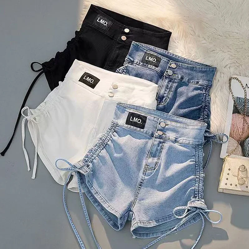 Women Chic Drawstring Pleated Denim Shorts High Waist A-line Jean Shorts With Pocket Casual Slim Bodycon Shorts Trousers Summer