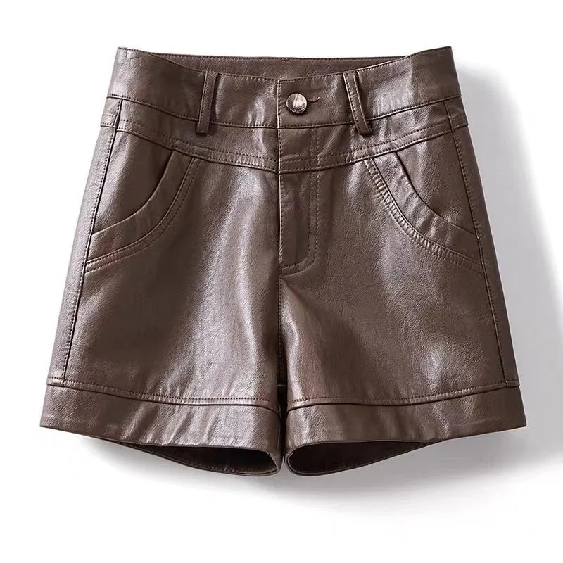 

Женские шорты из искусственной кожи с высокой талией и подвернутым краем, повседневные, модные