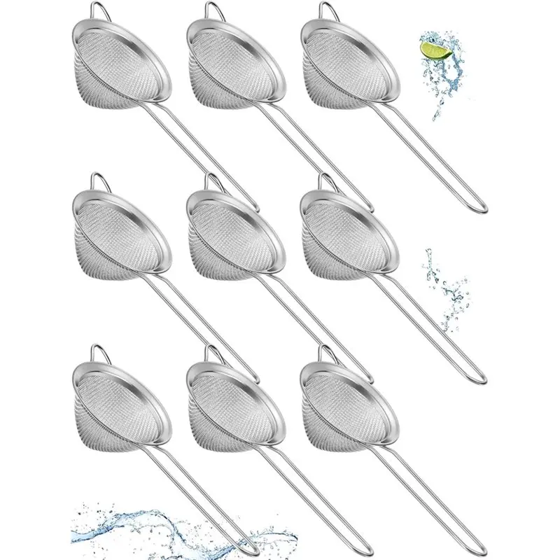M12K-Small Strainer 9-Pack Stainless Steel Fine Mesh Steel Cone Shaped Cocktail Tool For Juices, Teas, Herbs, Coffee Drinks