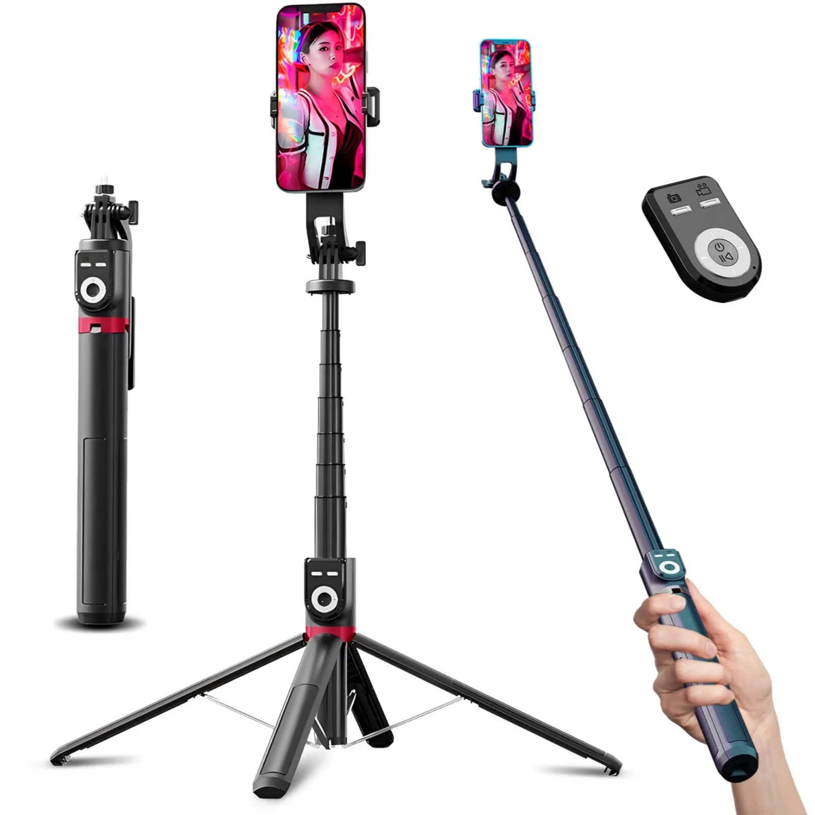 DIXSG 220 Cm Mobile Phone Selfie Stick with Removable Remote Control 360° Rotation  Extendable Mobile Phone Quad Tripod Stand