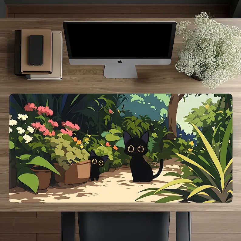 

Cute black cat is in the flower bed mousepad large plant PC desktop decoration HD printing, rubber anti-slip, high quality