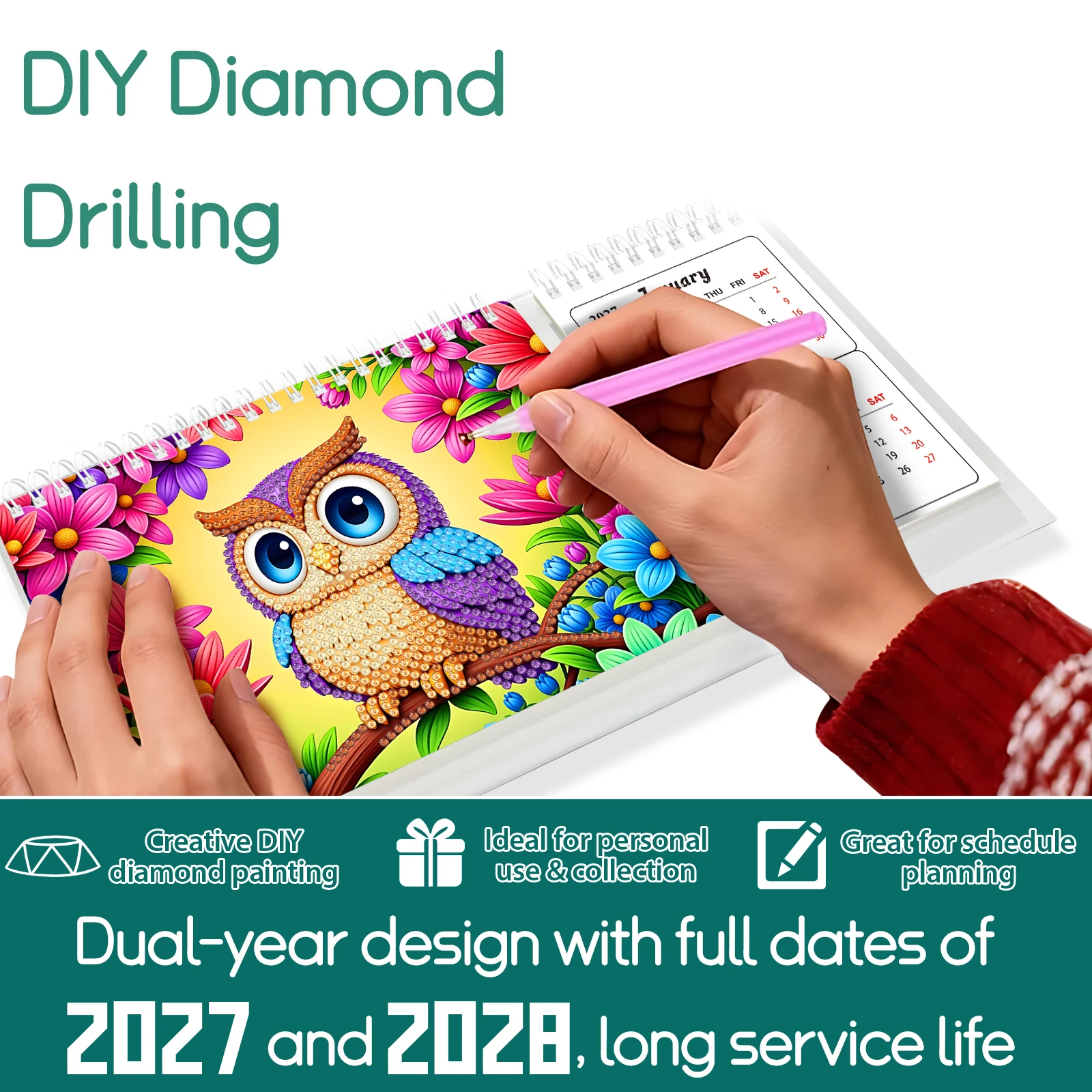 2027 2028 Diamond Art Calendar January 2027 - December 2028 Small Desktop Calendar Planner 24 Months for Home Office Scheduling