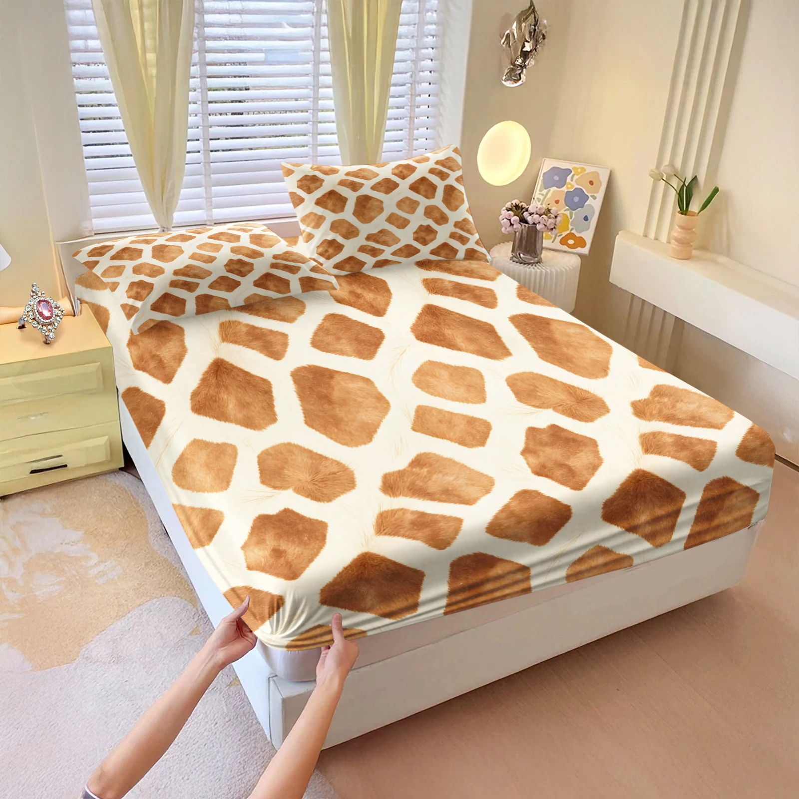 Watercolor Giraffe Print Fitted Sheet Set Western Animal Spot Pattern Mattress Cover with Pillowcases Elastic Deep Pocket Bed
