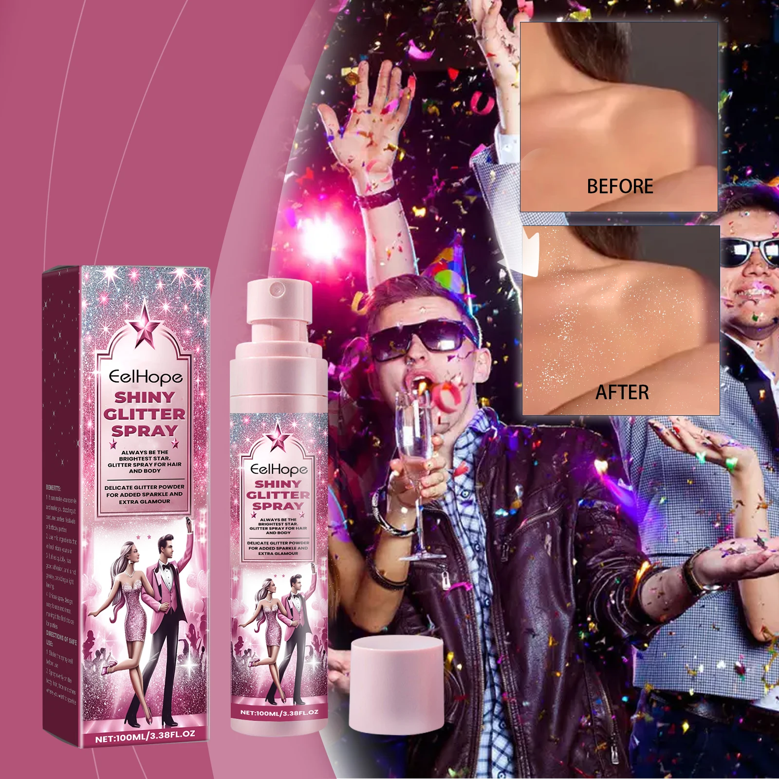 EELHOE Glitzerspray für Haare, Körperkleidung, Musik, Festival, Gesichtsglitzer für Frauen, schnell trocknendes und langlebiges, glänzendes Körperspray