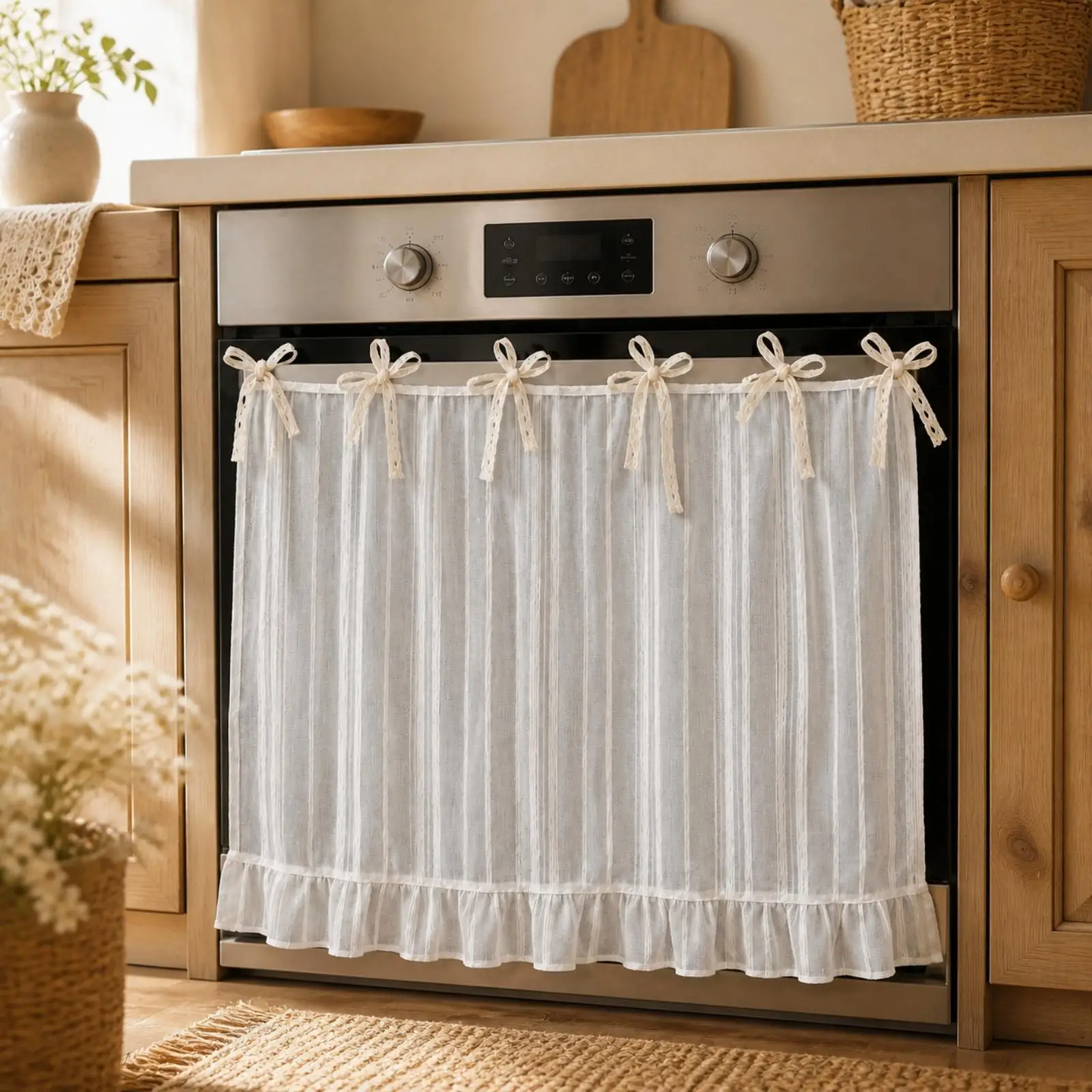 Tie on Polyester Kitchen Curtain for Oven Front Cabinet Opening Cover Small Window Curtains for Kitchen Sink Base Dust Protector
