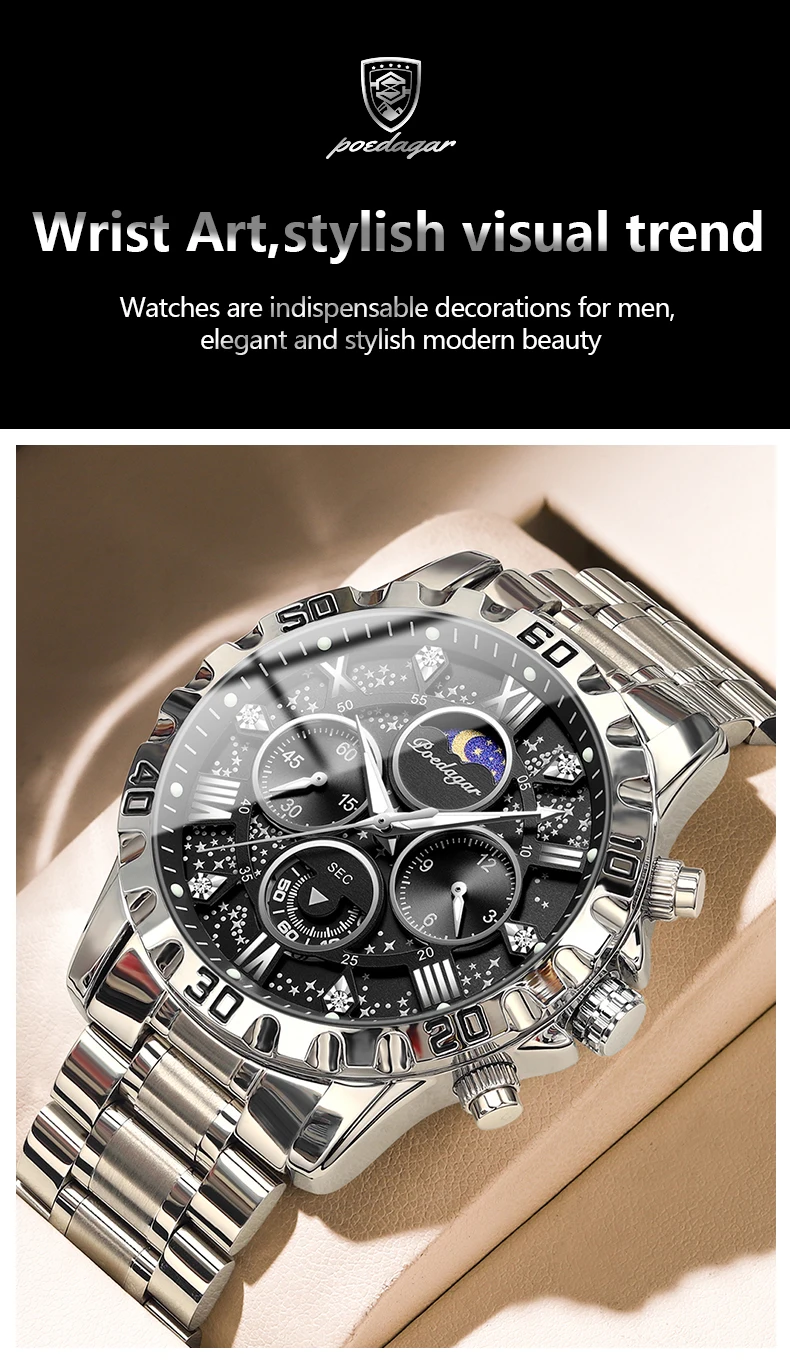 POEDAGAR Luxus Mann Uhr Wasserdicht Leucht Edelstahl Quarz herren Armbanduhr Chronograph Militär Uhren Für Männer Reloj – Detail 3