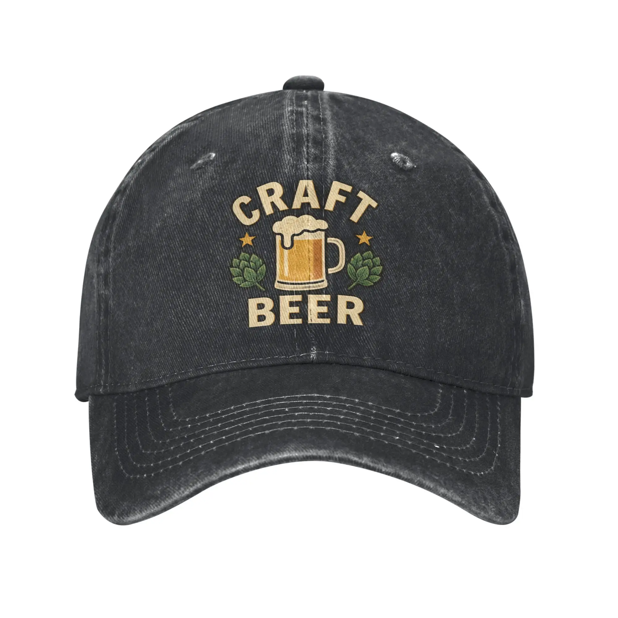 1 Handmade Beer Logo Cap with a Beer Glass Print on a Black Background, Vintage Washed Baseball Cap, Unisex Solid Color Adjustable Dad Hat, Casual Curved Brim Sun Hat, Suitable for Outdoor Driving, Travel, and Daily Wear