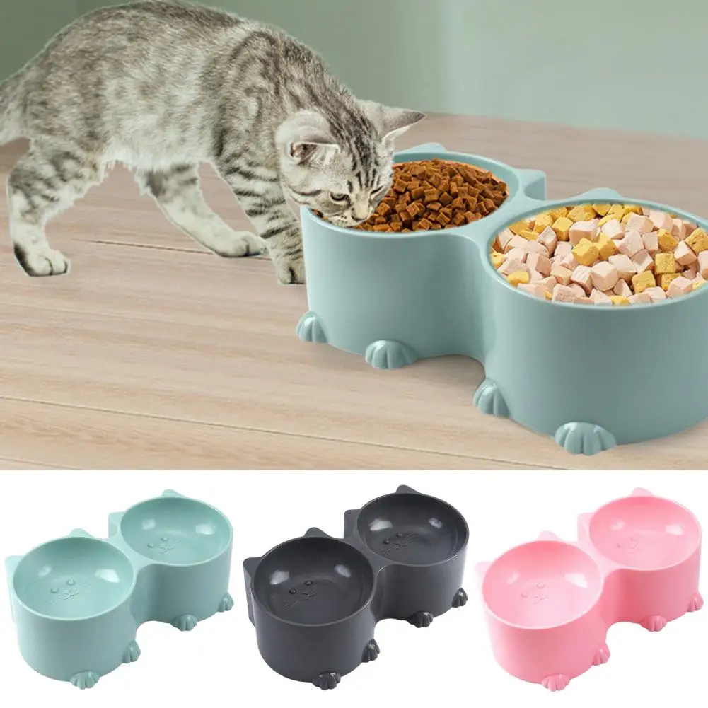 Pet Double Bowl Food And Water Cartoon Cat Head Shaped Food Bowl Neck Guard Non-slip Cat Water Bowl Pet Accessories