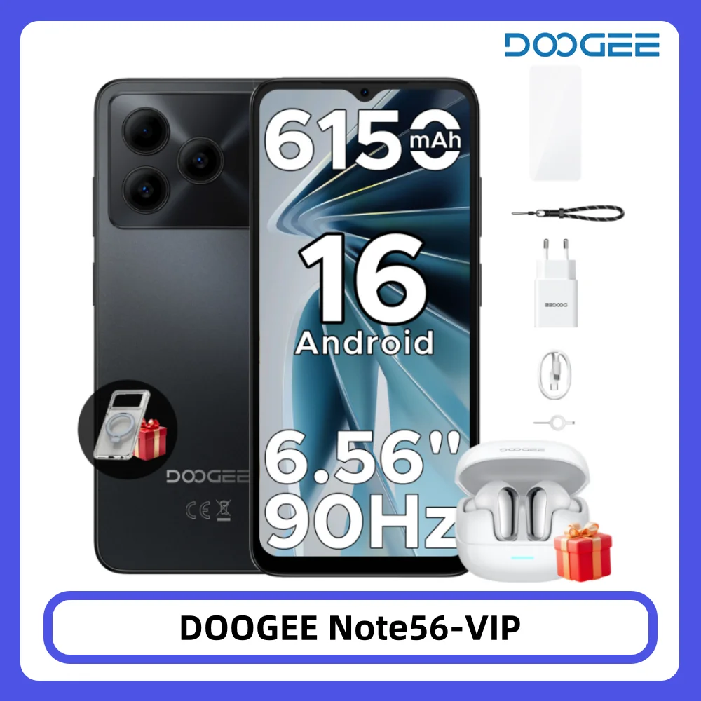 Teléfono Inteligente DOOGEE Note 56 con Android 16, Batería de Gran Capacidad de 6150 mAh, Pantalla de 6.56 Pulgadas y 90 Hz, 24 GB/64 GB, 8 MP + 5 MP, Desbloqueo Facial