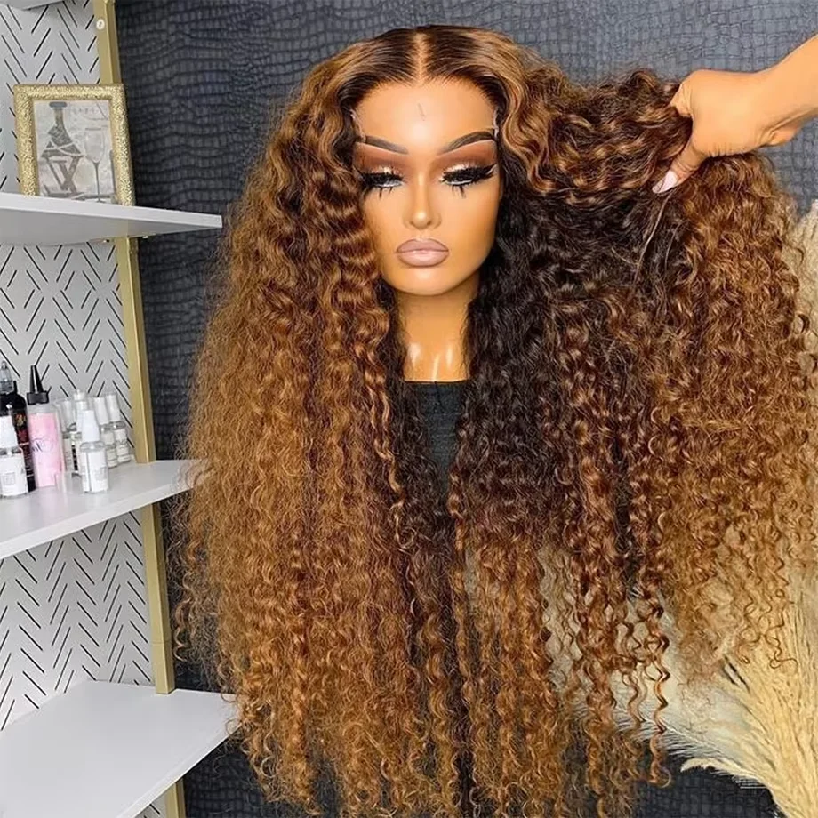 Perruque Lace Front Wig sans colle bouclée 26 pouces, cheveux crépus, blond ombré, brun, pre-plucked, pour femmes noires, densité 180%